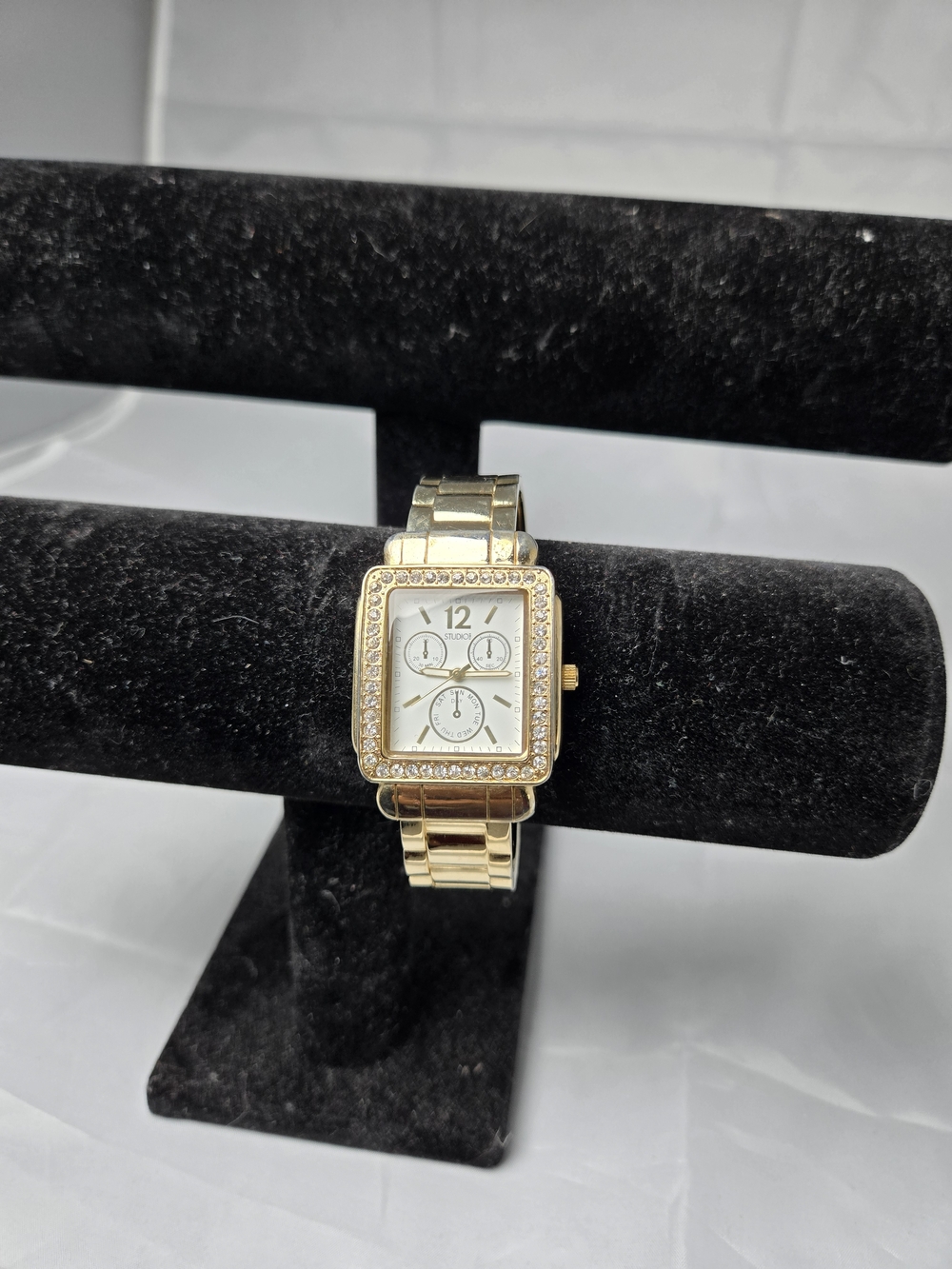 Studio Time Women's Gold Tone Rectangular Crystal Bezel Watch STD2880Tl